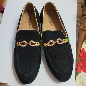 Black Suede Loafers with Gold Accent